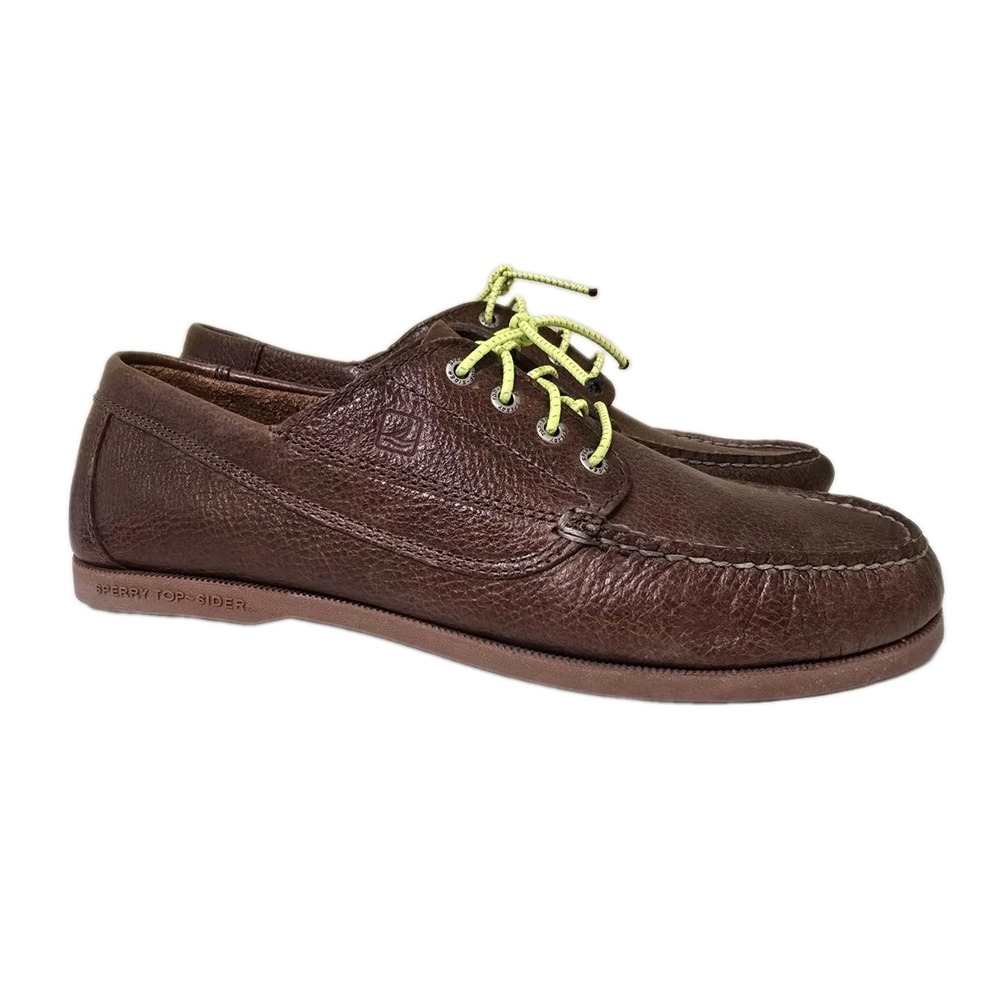 Sperry Mens Ranger Mocs Size 12 Dark Brown Tumbled Leather Lime Green Laces
